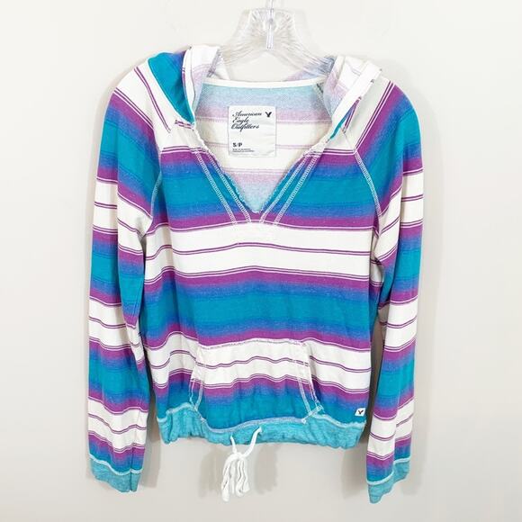 American Eagle Outfitters Tops - American Eagle Striped Hooded V-Neck Sweatshirt